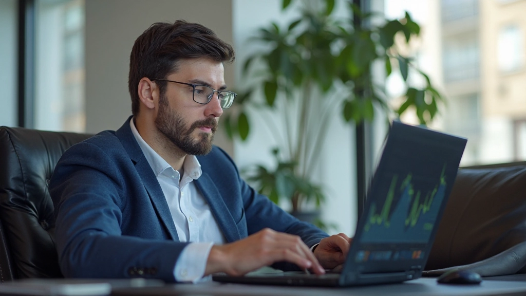 Профессиональное фото криптовалютного аналитика изучающего цифровые активы на экране ноутбука