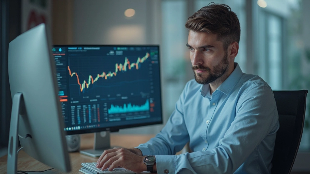 Финансовый профессионал работает с цифровыми активами и криптовалютами на современной компьютерной установке