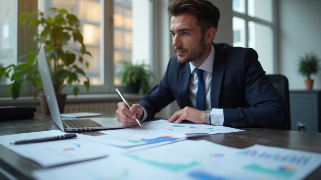 Профессиональный офис инвестиционной компании с финансовыми документами, графиками и калькулятором на столе