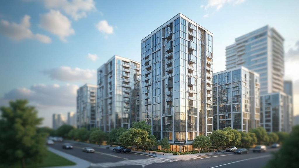 Современный многоэтажный жилой комплекс в деловом центре города Алматы с архитектурной подсветкой