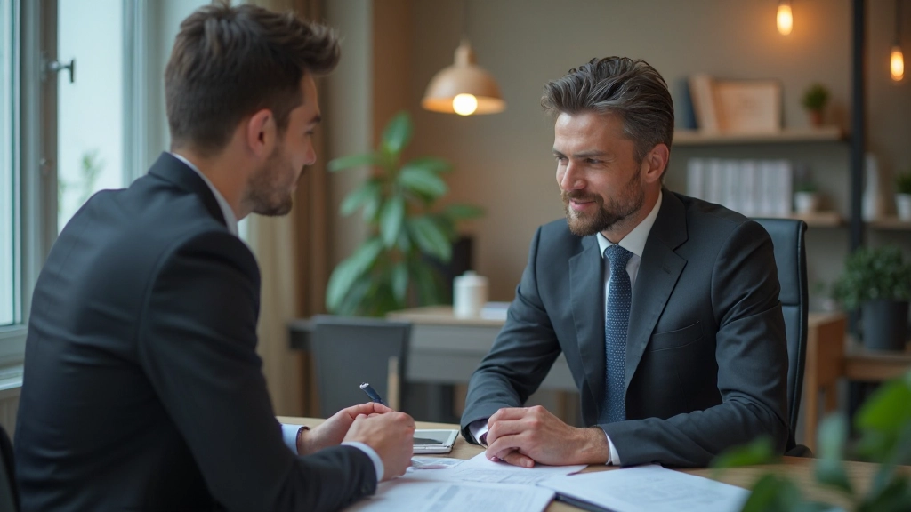 Профессиональное фото агента по недвижимости обсуждающего условия продажи квартиры с клиентом